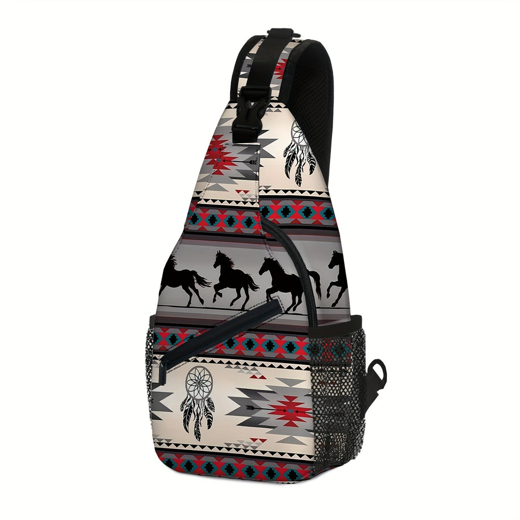 Totem Style Horse Pattern Print Casual Sling Bag, Men's And Women's Crossbody Bag For Travel & Daily Commute