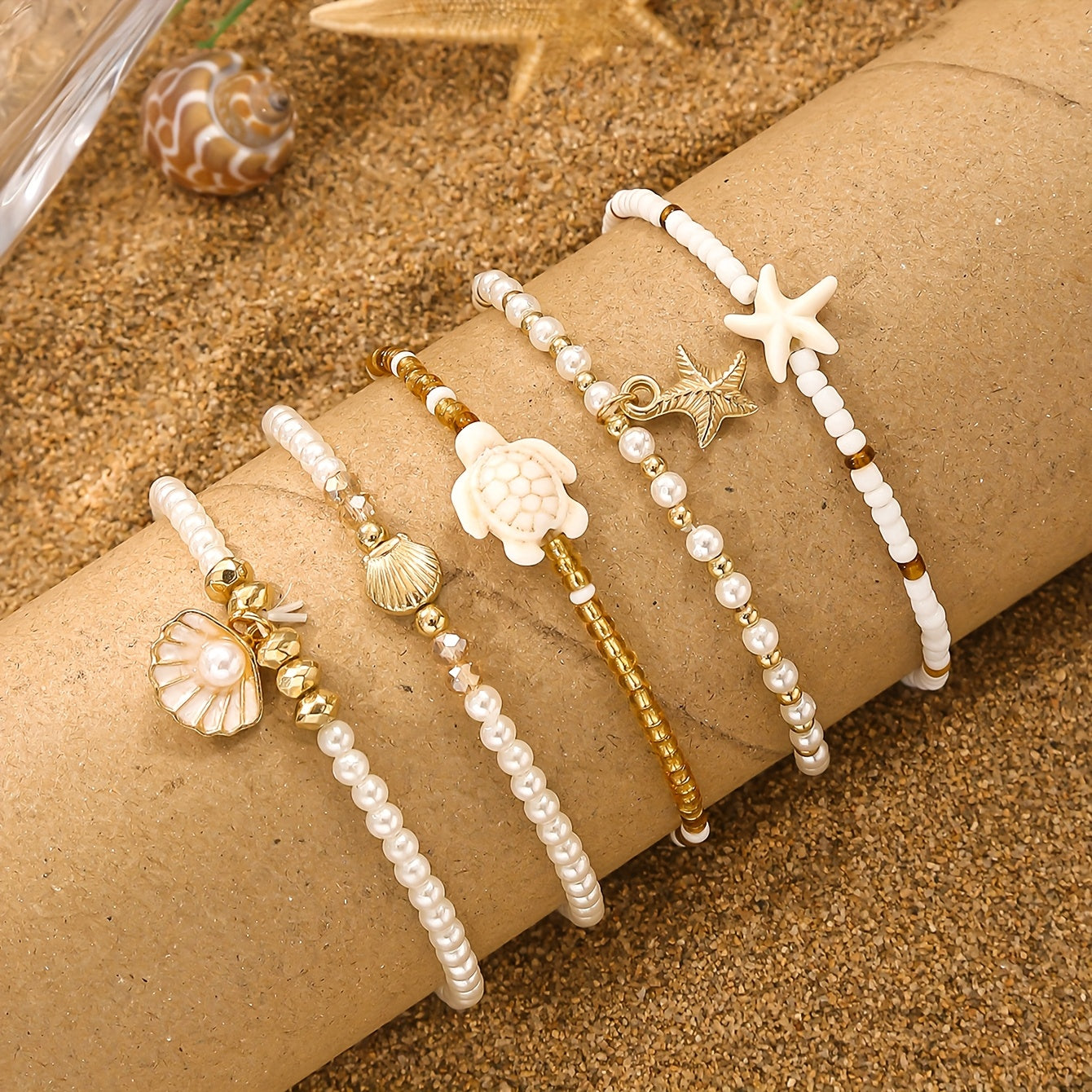 5pcs Bohemian Summer Ocean Style Stackable Bracelet Set, Featuring Starfish, Seashells, Turtles, and More Cute Charms, Exquisite Women'S Daily Wear, Beach Party, Vacation, Casual Accessories