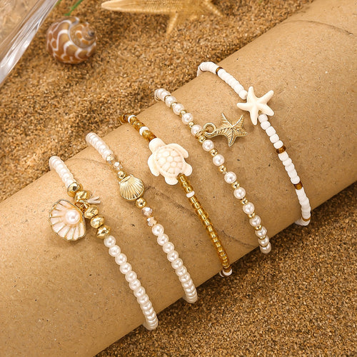 5pcs Bohemian Summer Ocean Style Stackable Bracelet Set, Featuring Starfish, Seashells, Turtles, and More Cute Charms, Exquisite Women'S Daily Wear, Beach Party, Vacation, Casual Accessories