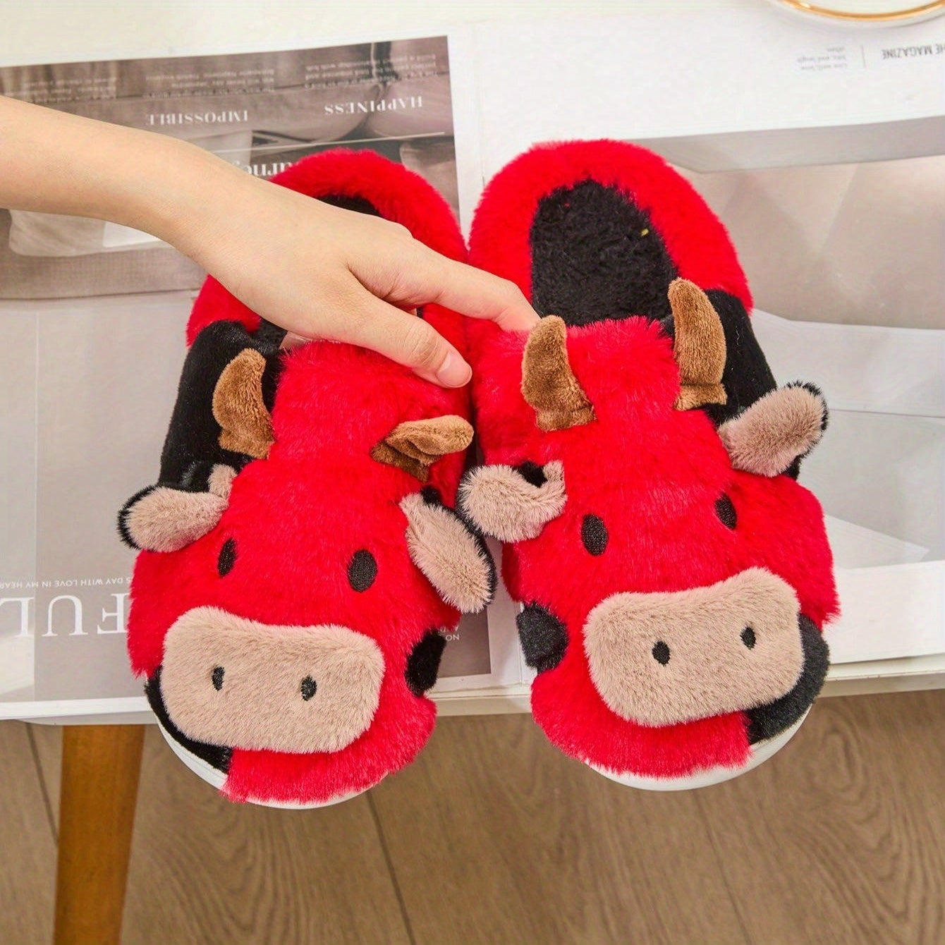 Cozy Home Cute Cartoon Cow Plush Half- Slippers, Couple Matching Style, Thickened and Warm, Women Shoes
