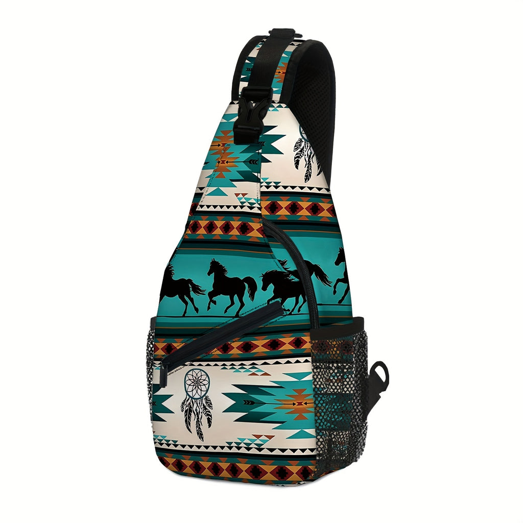 Totem Style Horse Pattern Print Casual Sling Bag, Men's And Women's Crossbody Bag For Travel & Daily Commute