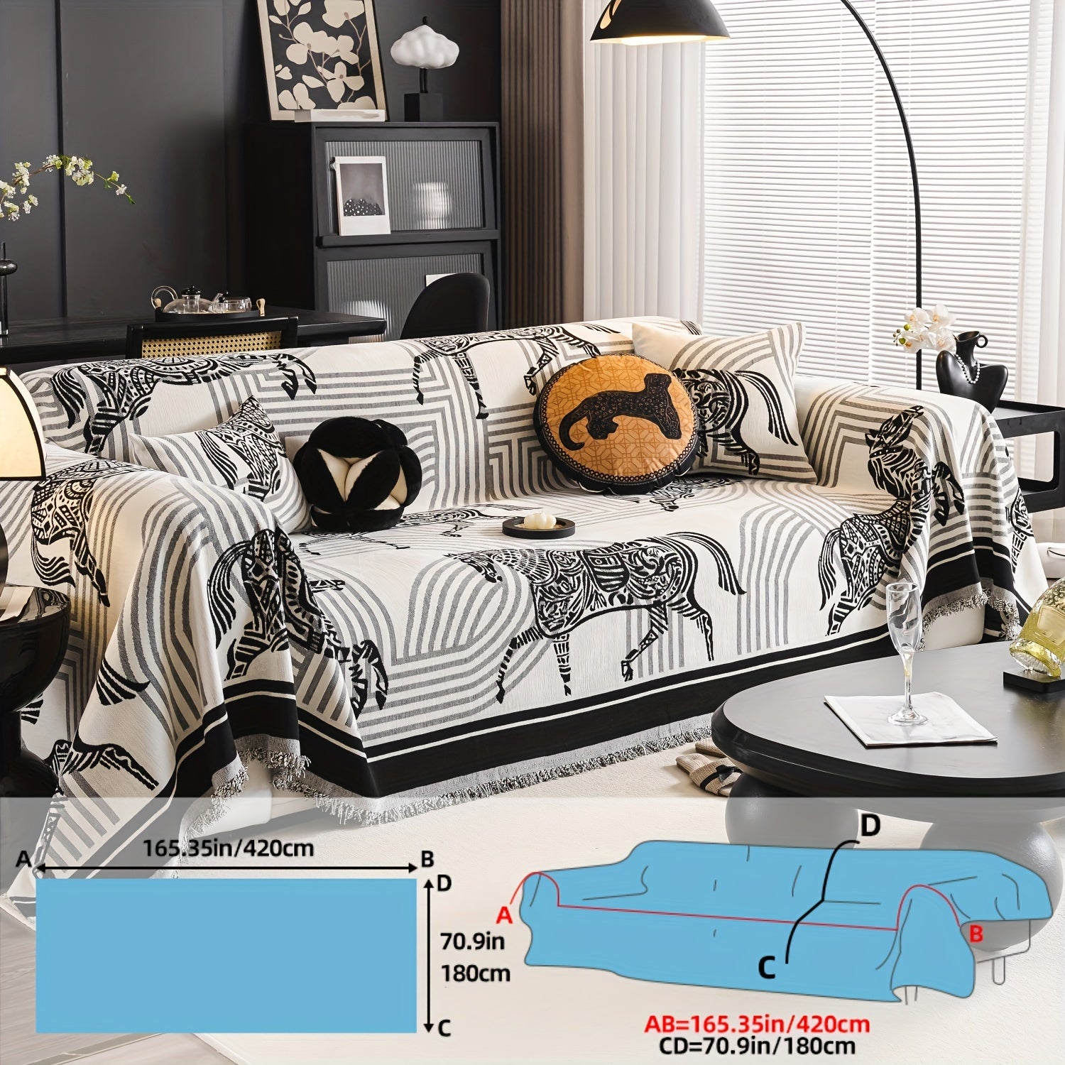 Luxurious Chenille Sofa Cover with Horse Design - Dual-Tone, Pet-Friendly & Machine Washable for Armchairs to L-Shaped Couches - Modern Home Decor Gift