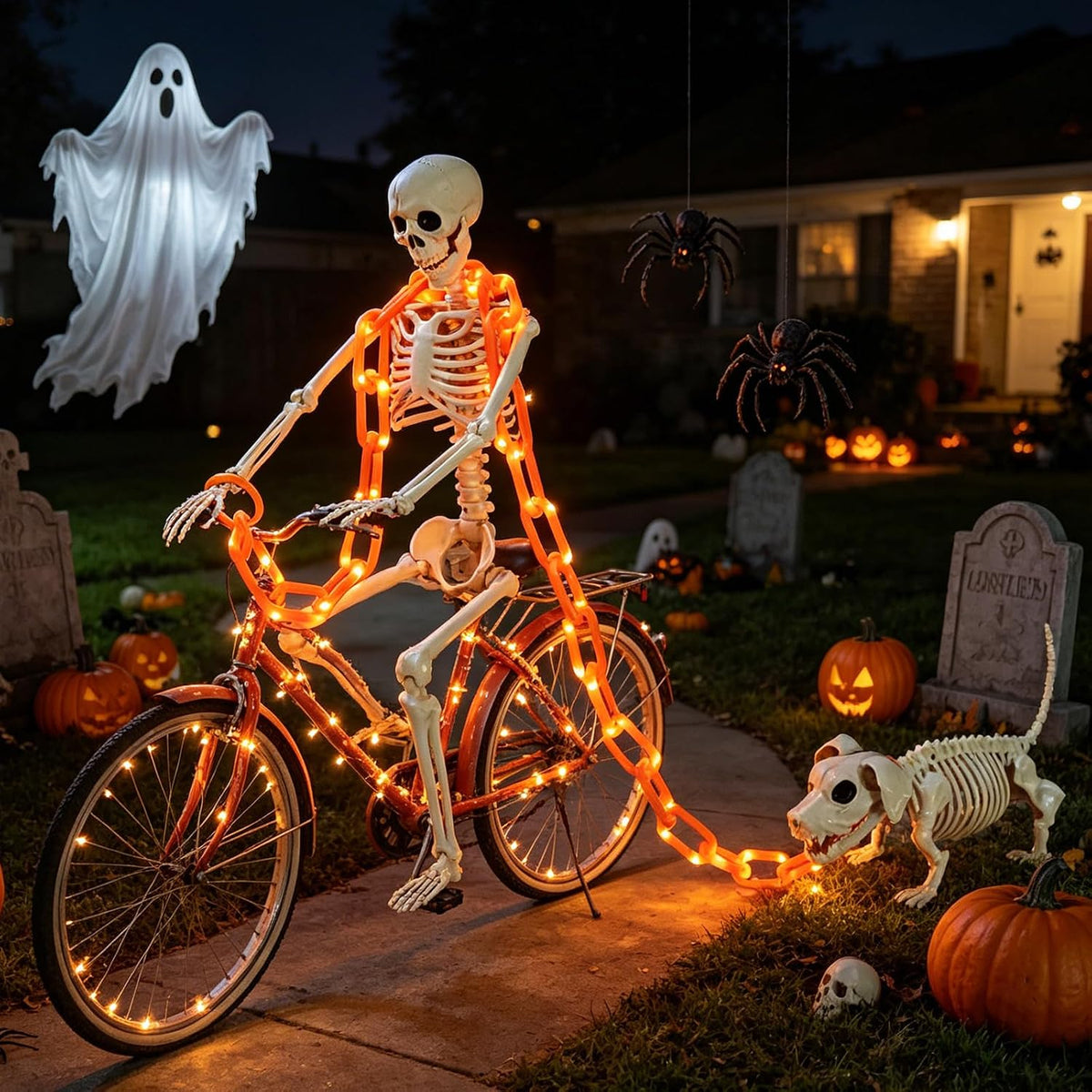 3-Foot Skeleton and Dog Skeleton with Illuminated Chain, Outdoor Halloween Decor