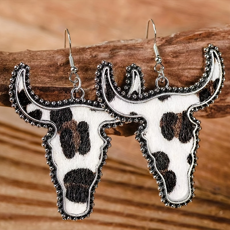 Flocking Cow/ Leopard Pattern Bull Head Design Dangle Earrings Retro Ethnic Style Western Holiday Earrings
