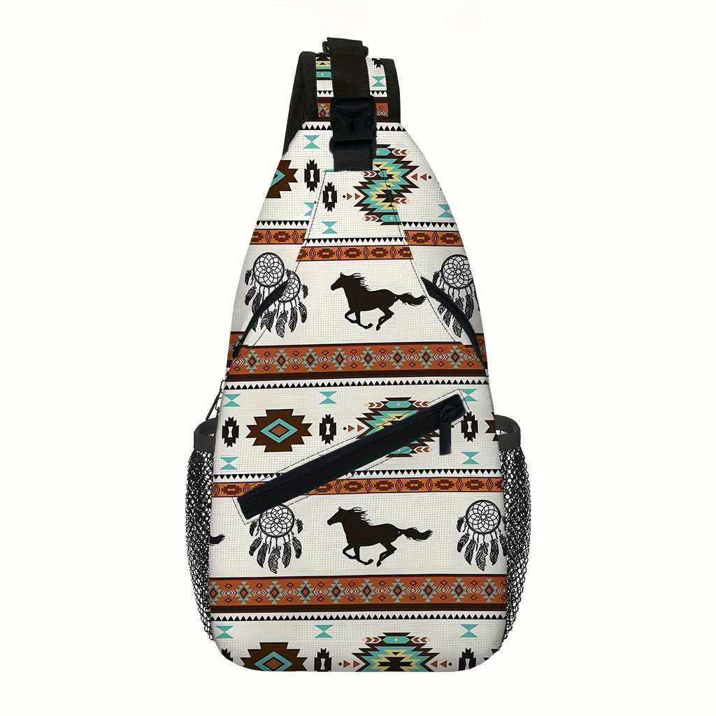 Totem Style Horse Pattern Print Casual Sling Bag, Men's And Women's Crossbody Bag For Travel & Daily Commute