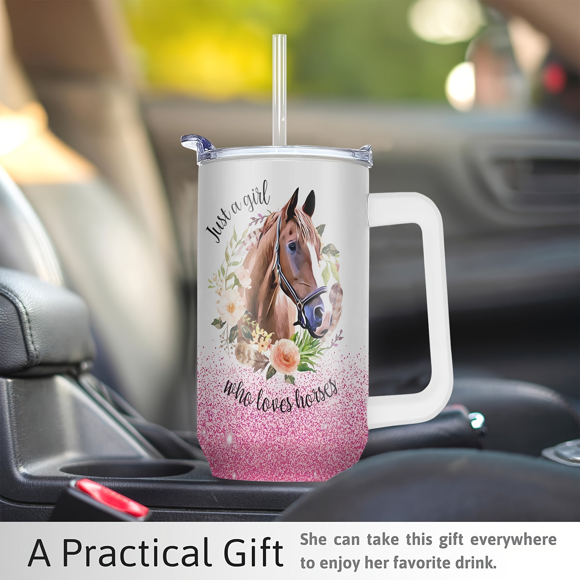 1pc Customizable 40 Oz Stainless Steel Tumbler - Double Wall Vacuum Insulated Travel Mug for Hot and Cold Drinks - Unique Pink Horse Funny Print Design, Perfect Birthday and Christmas Gift for Women, Mom, Sisters, Teacher, Co