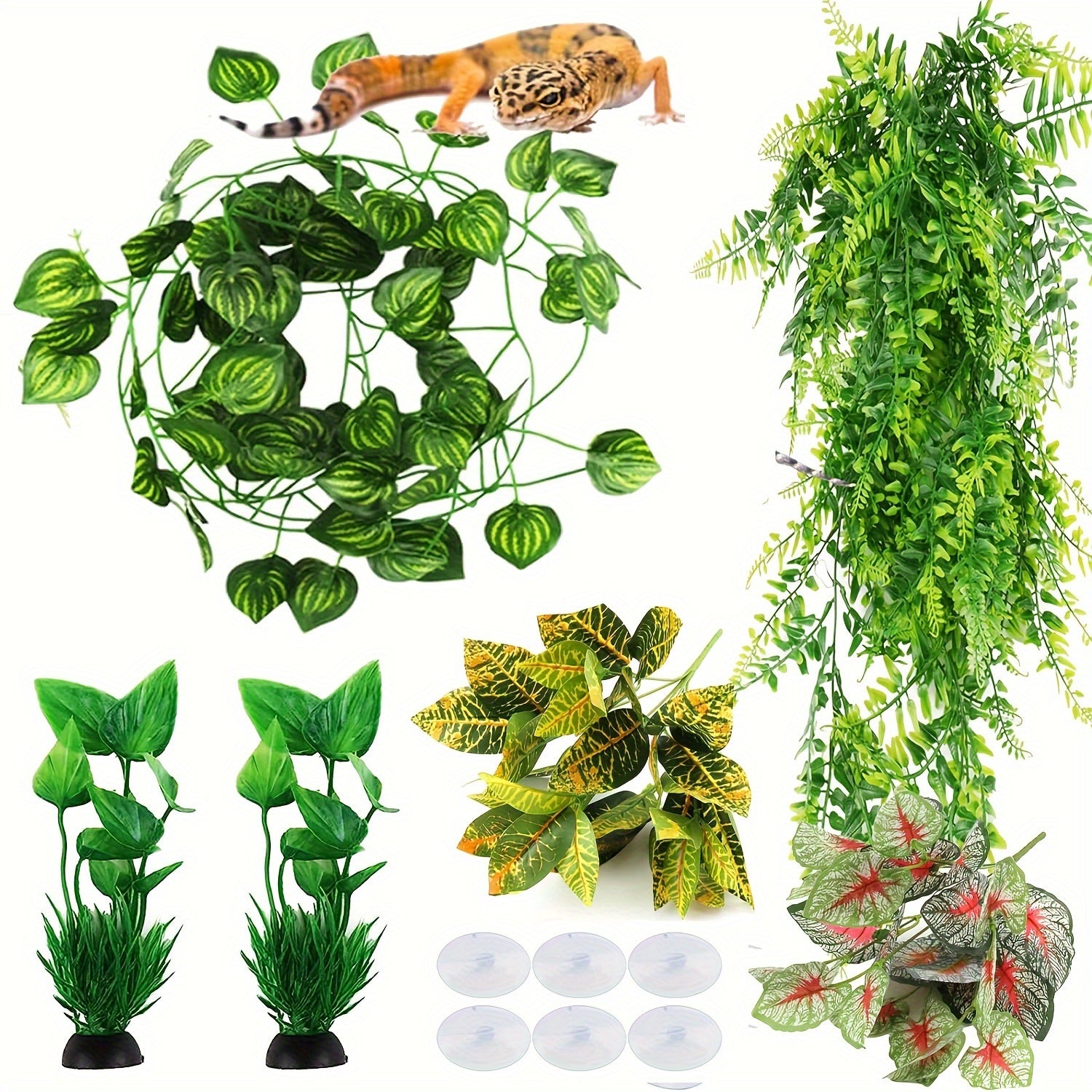 12pcs Fake Reptile Plants, Terrarium Hanging Artificial Leaves, Leopard Gecko Tank Accessories, Terrarium Decorations For Bearded Dragon Lizard Snake Geckos Chameleon