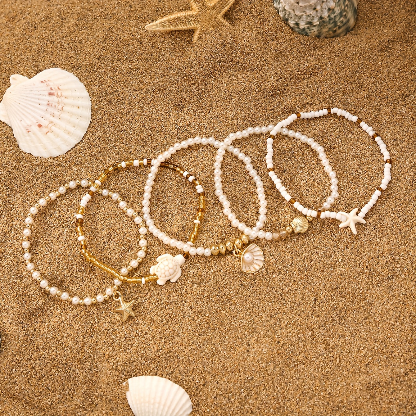 5pcs Bohemian Summer Ocean Style Stackable Bracelet Set, Featuring Starfish, Seashells, Turtles, and More Cute Charms, Exquisite Women'S Daily Wear, Beach Party, Vacation, Casual Accessories