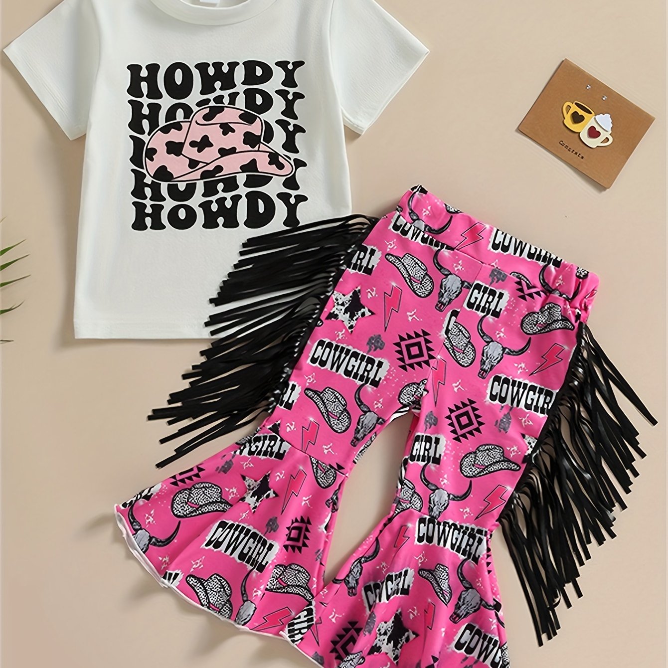 2pcs Toddler Girls Bull Head Graphic T-Shirt & Tassel Cow Graphic Flare Leg Pants Set for Summer Outdoor