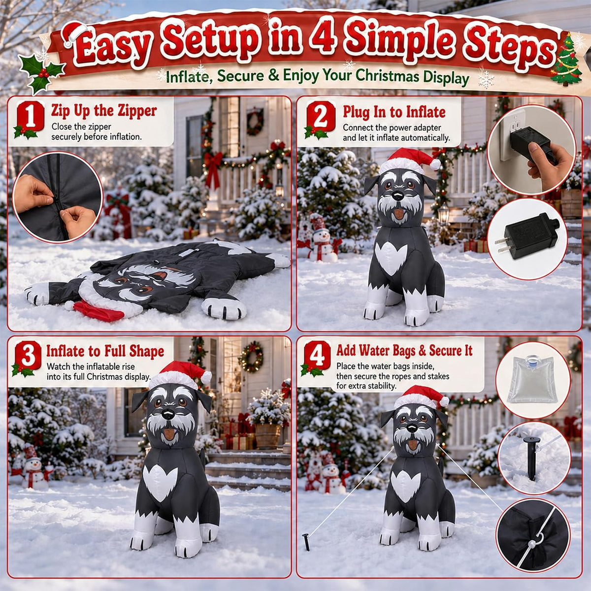 4-Foot Inflatable Schnauzer Dog Christmas Decoration with LED Lighting for Outdoor Use