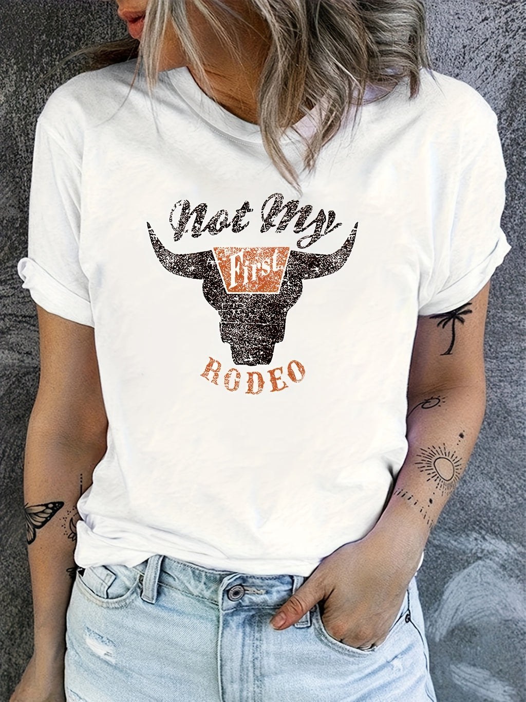 Rodeo Cow Head Print T-shirt, Casual Crew Neck Short Sleeve T-shirt, Women's Clothing