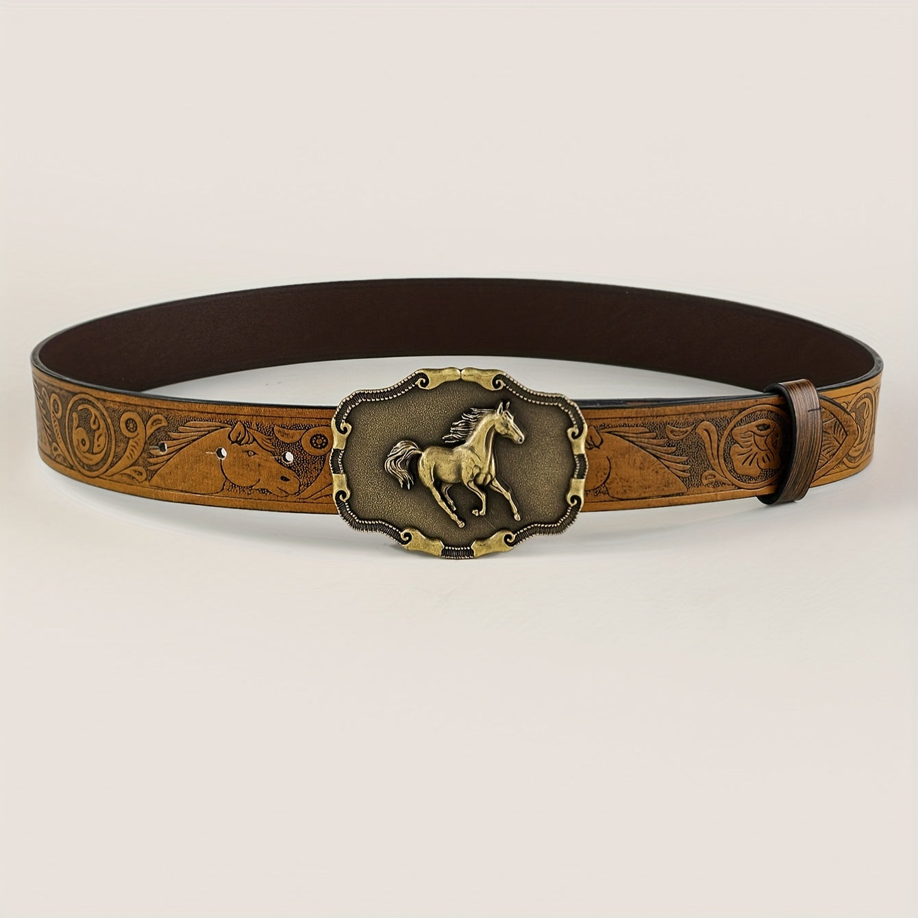 Western Horse Carved Buckle Belts Vintage Embossed Solid Color PU Waistband Classic Cowboy Cowgirl Jeans Pants Belt For Women & Men
