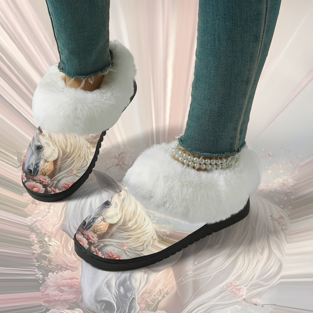 1 Pair Elegant White Horse & Floral Print Plush Slippers - Soft, Non-Slip Rubber Sole, All-Season Indoor/Outdoor House Shoes, Women'S Birthday/Christmas/Halloween Gift - Cozy Home Footwear for Women, Horse Lover Gifts, Indoor