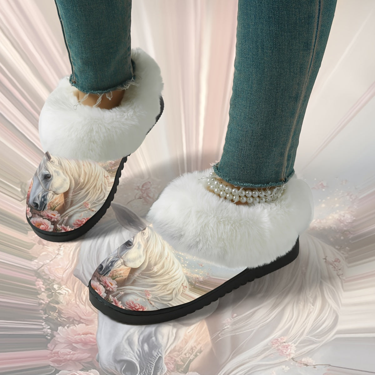 1 Pair Elegant White Horse & Floral Print Plush Slippers - Soft, Non-Slip Rubber Sole, All-Season Indoor/Outdoor House Shoes, Women'S Birthday/Christmas/Halloween Gift - Cozy Home Footwear for Women, Horse Lover Gifts, Indoor