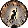 Halloween Black Cat Silhouette Metal Wreath Sign - Aluminum Engraving Wall Decor with Floral Accents for Home, Cafe, Gym, Restroom - Festive Indoor Holiday Art Piece