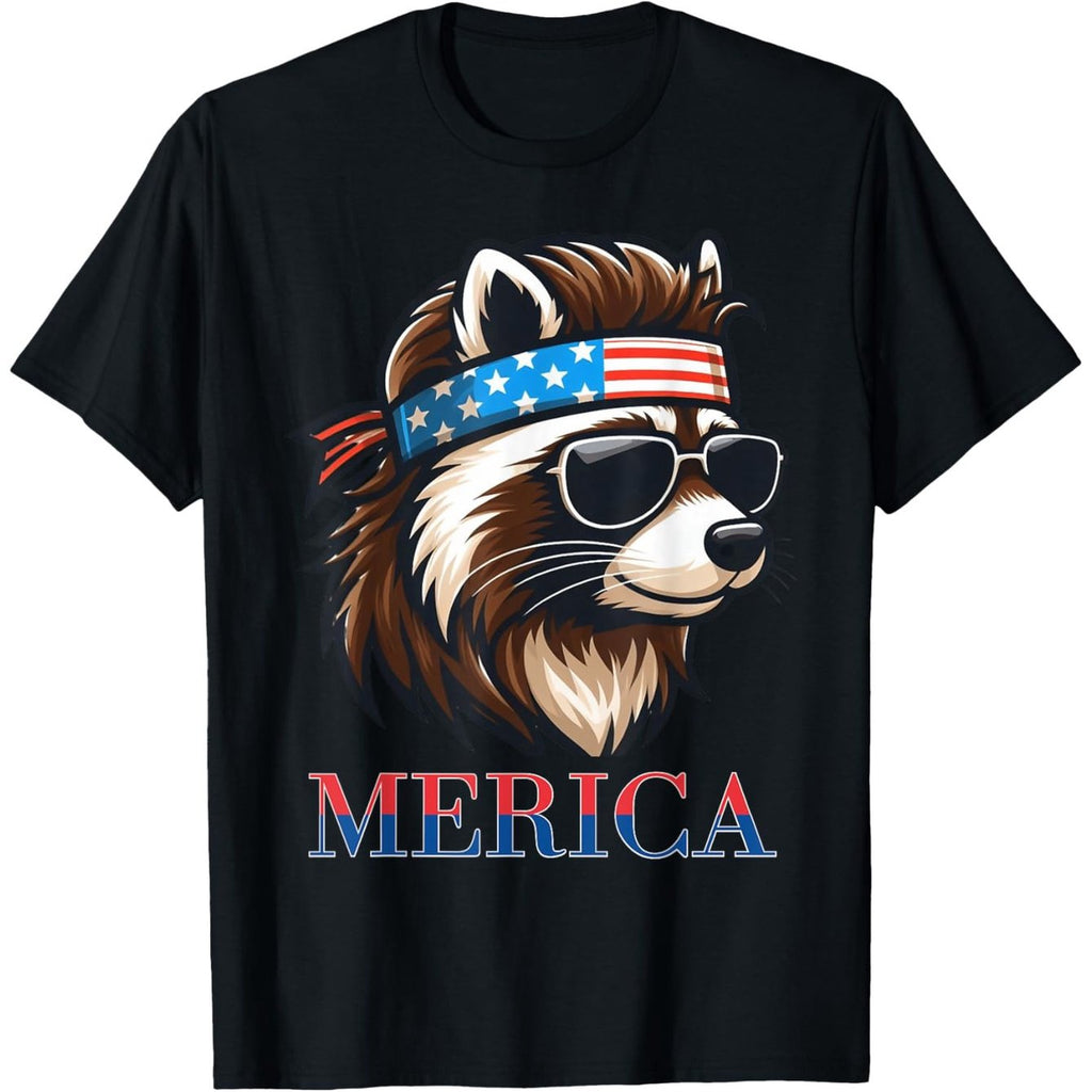 Mullet Raccoon Merica Patriotic 4th of July T-Shirt for Men - 100% Cotton Loose Fit Casual Tee with USA Flag Fashion Glasses & Bandana Design, S-XXXL, Everyday Comfort, Breathable Fabric, Holiday Outfit, Graphic Print, Comfor