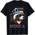 Mullet Raccoon Merica Patriotic 4th of July T-Shirt for Men - 100% Cotton Loose Fit Casual Tee with USA Flag Fashion Glasses & Bandana Design, S-XXXL, Everyday Comfort, Breathable Fabric, Holiday Outfit, Graphic Print, Comfor