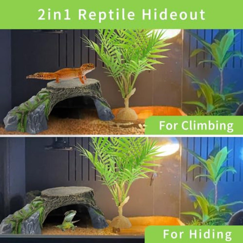 Extra Large Reptile Hideout Cave - Heavy-Duty Non-Toxic Shelter for Bearded Dragons, Leopard Geckos, Turtles, Snakes, Frogs - Realistic Rock or Tree stump design, Easy-Clean Habitat Decoration for Terrariums & Aquariums - Lar