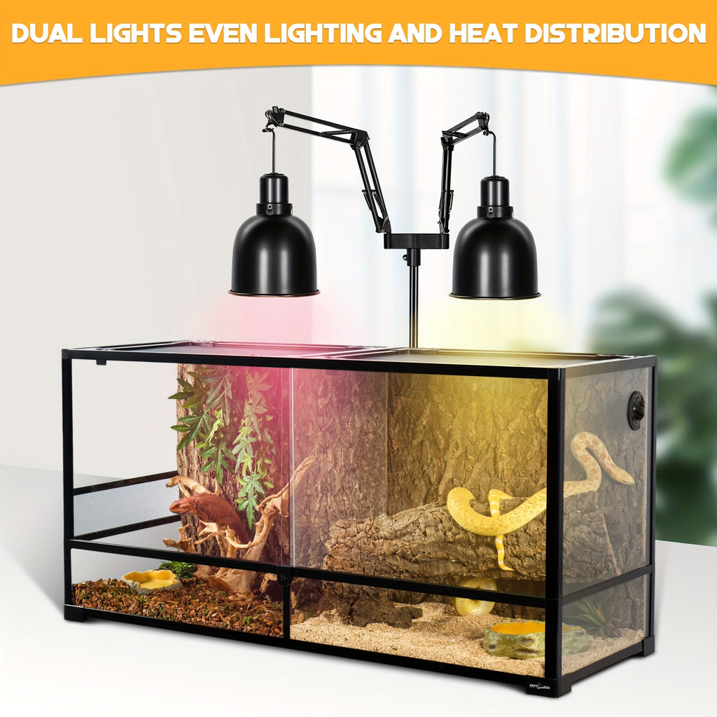 Double Arm Hanging Lamp Stand For Reptile, Metal Adjustable Heat Lamp Light Holder With 360° Rotation Swing Arm For Reptile Tank, Bearded Dragon, Chicks, Without Battery