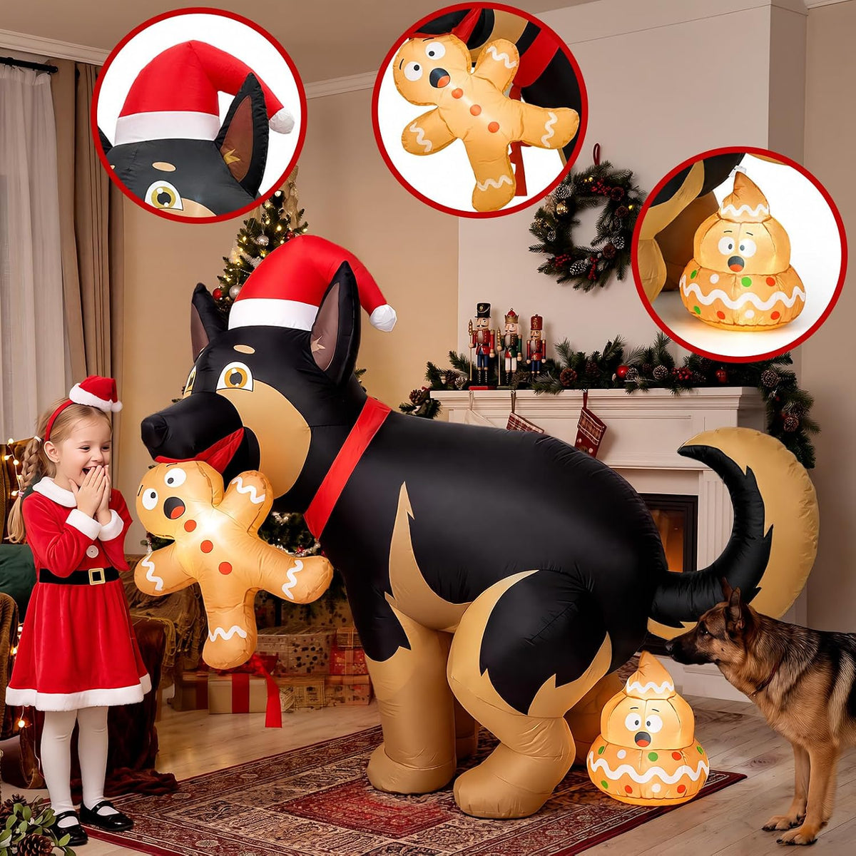 5FT Christmas Inflatable Decoration Featuring a Humorous Dog with Gingerbread, LED Lights for Outdoor and Indoor Holiday Display