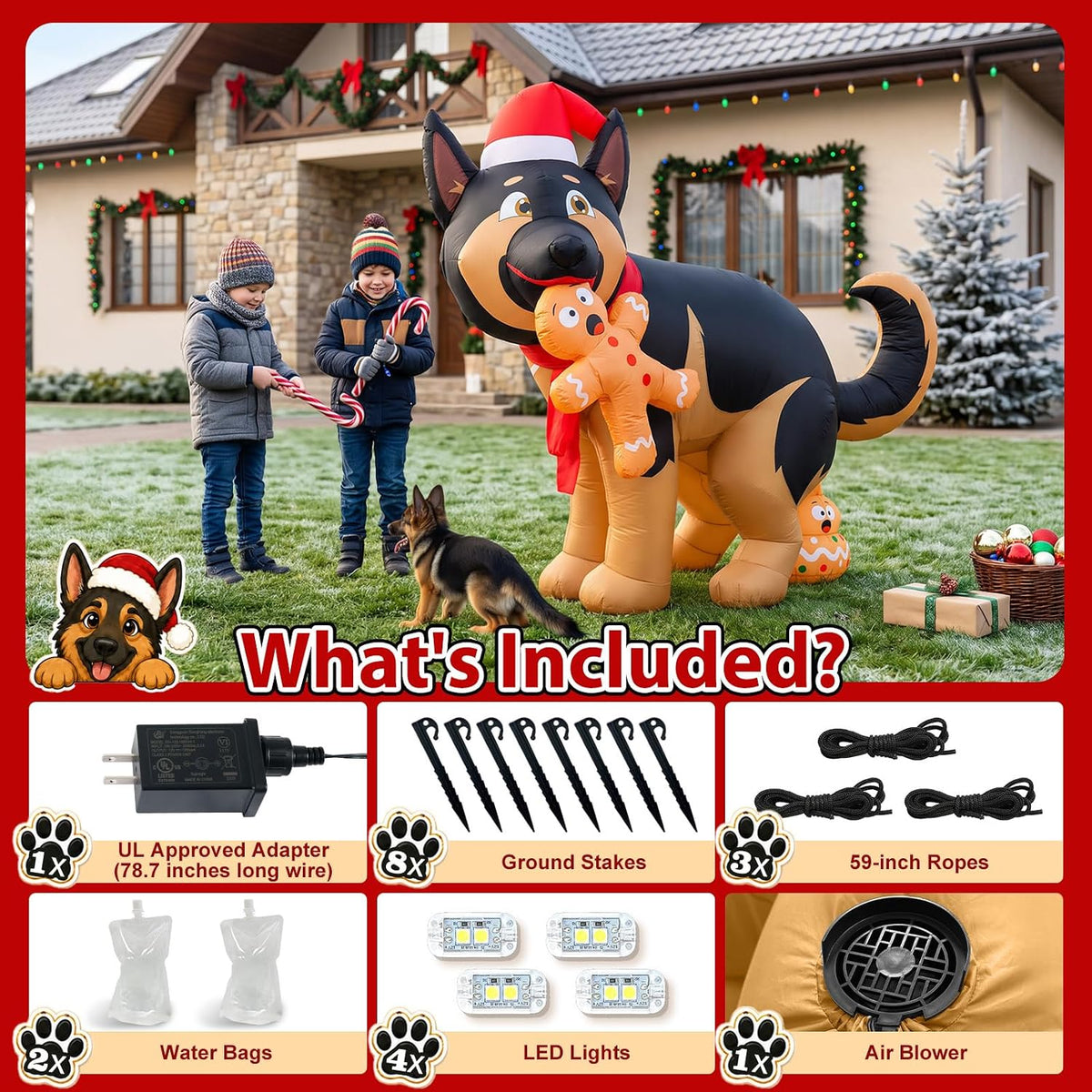5FT Christmas Inflatable Decoration Featuring a Humorous Dog with Gingerbread, LED Lights for Outdoor and Indoor Holiday Display