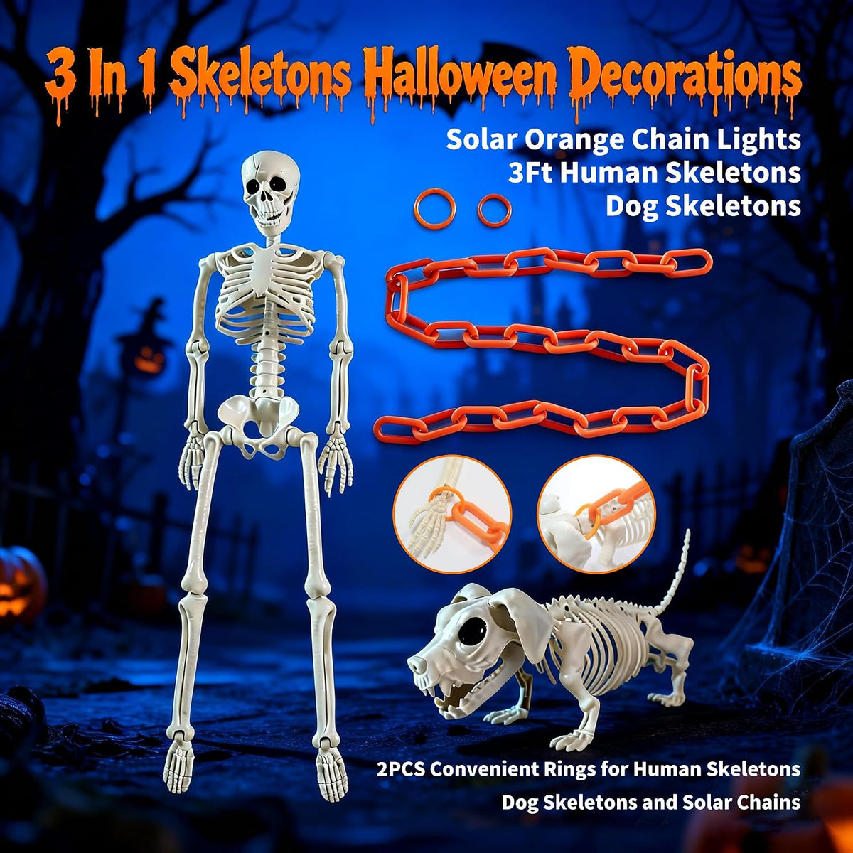 3-Foot Skeleton and Dog Skeleton with Illuminated Chain, Outdoor Halloween Decor