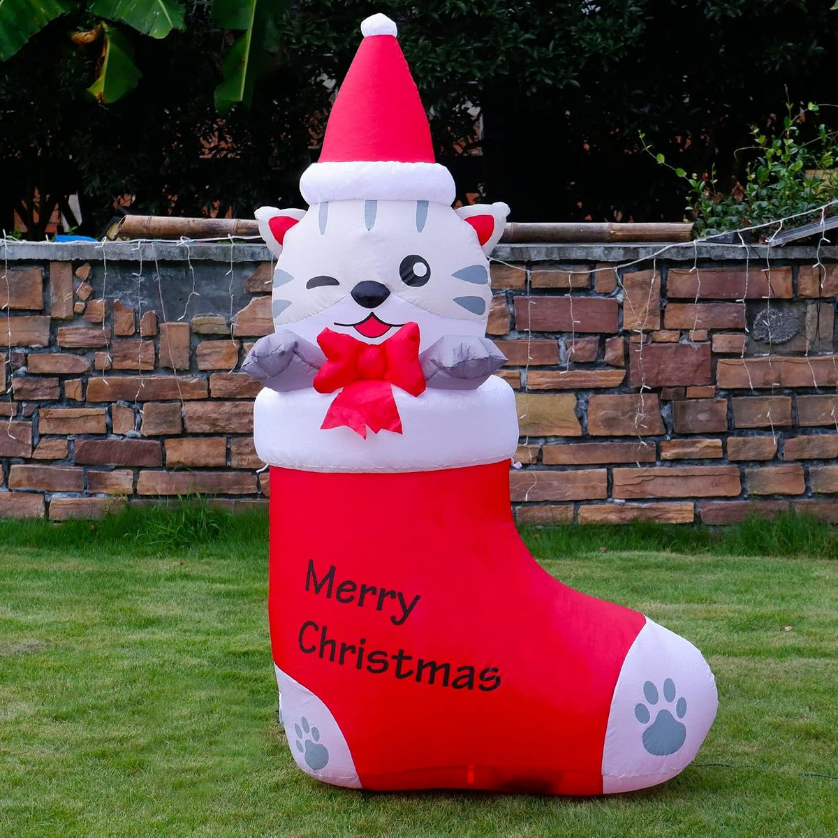 5 FT Inflatable Christmas Decoration - Lighted Kitten in Christmas Stocking for Outdoor Lawn and Garden Decor