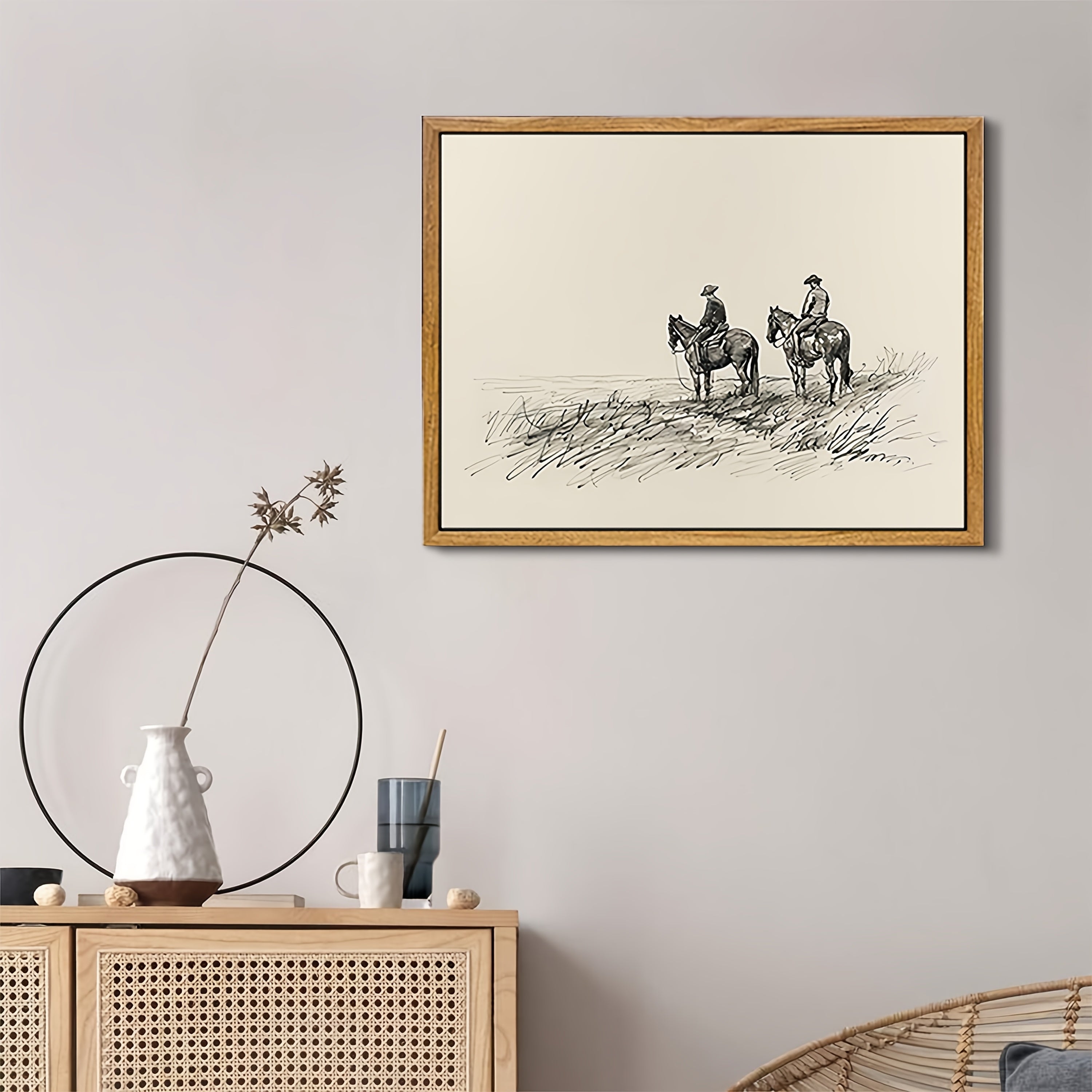 1pc, framed, vintage art, western cowboy horse sketch art mural, retro farmhouse wall decoration painting, home decor, wall decoration, autumn decoration, suitable for dorm, apartment, bedroom, living room, home office decora