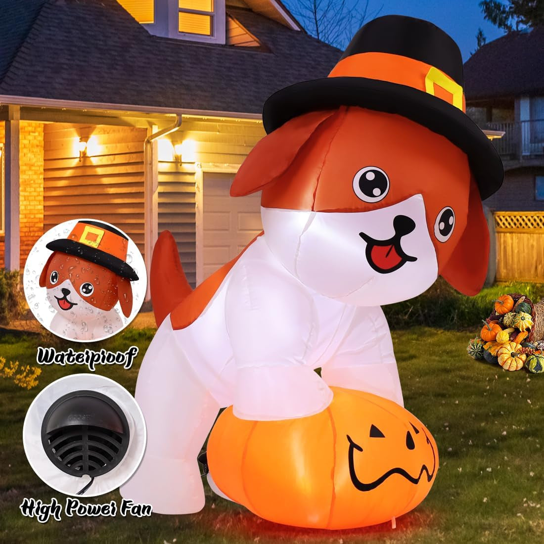 5.2 FT Thanksgiving Inflatables Dog Outdoor Decorations Blow Up Yard Cute Puppy Standing on a Pumpkin with Pilgrim Hat with Built-in LEDs for Garden Lawn Indoor Party Decor