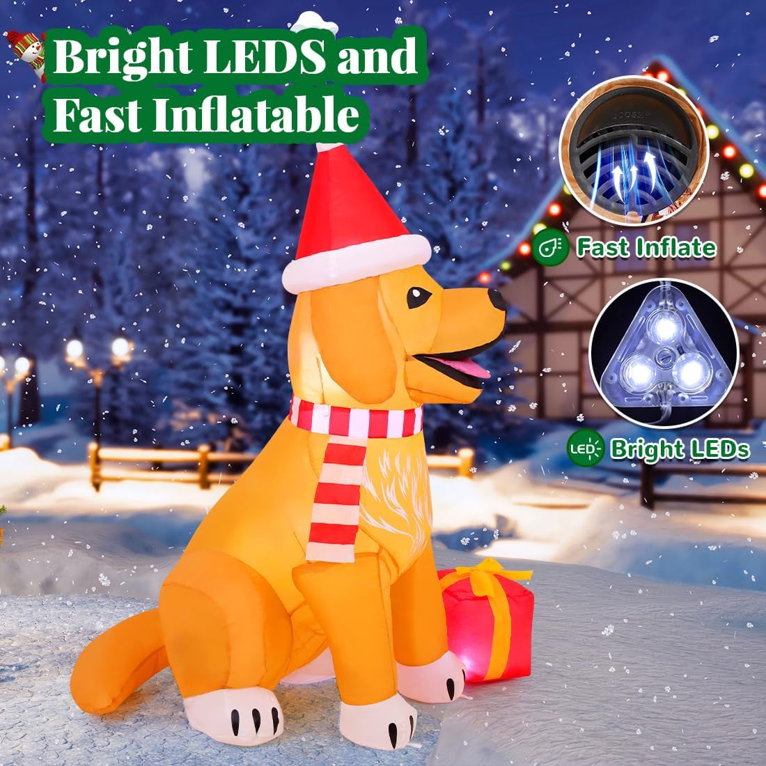 5 FT Inflatable Golden Retriever Christmas Decoration with LED Street Sign for Outdoor and Indoor Holiday Decor