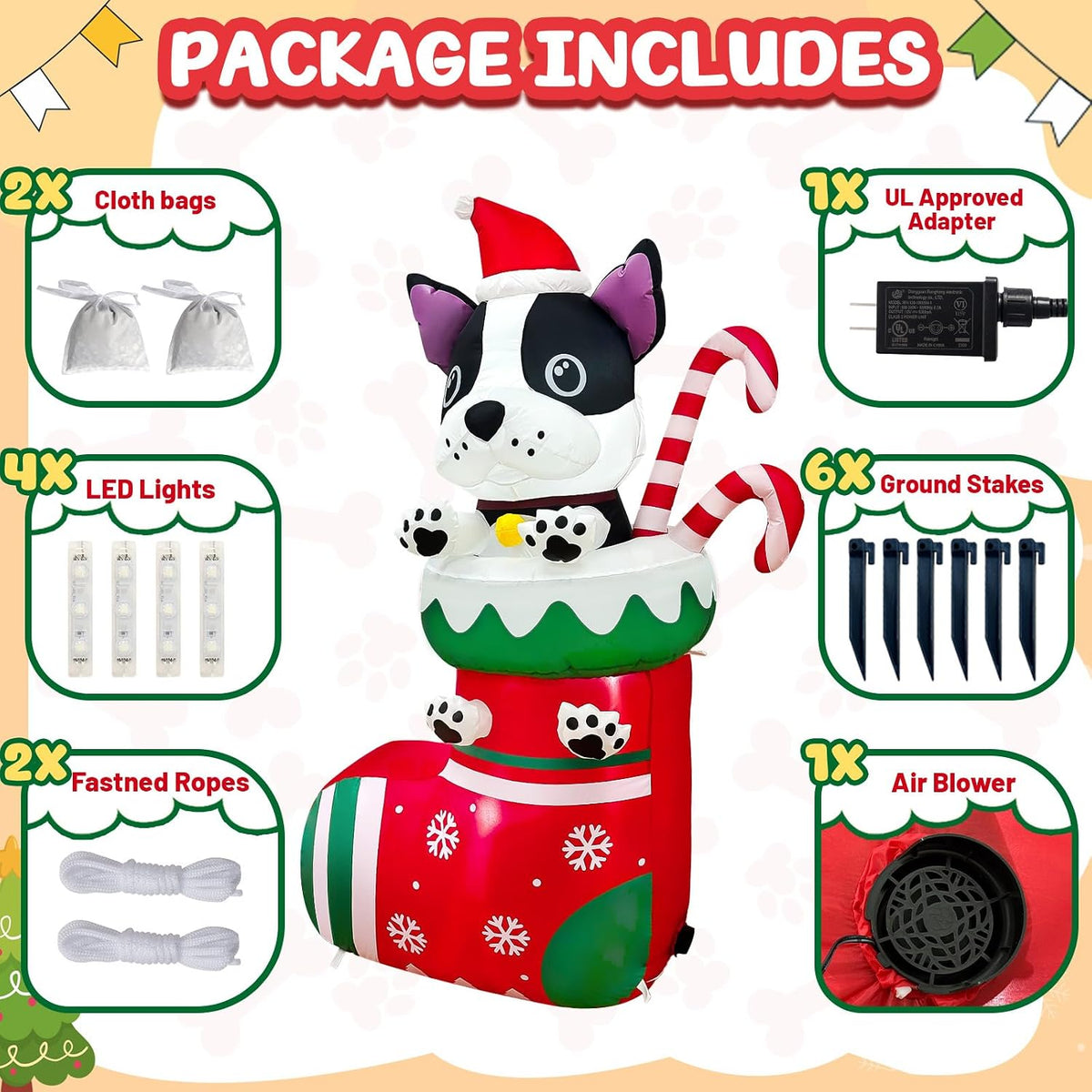6FT Inflatable Christmas Dog in Stocking with LED Lights and Candy Cane - Outdoor Holiday Yard Decoration for Parties and Gardens