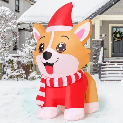 Christmas Inflatables 4.2 FT Inflatable Dog Wearing Hat with Built-in LED Lights, Cute Inflatable Christmas Dog Blow up Corgi Dog, Outdoor Christmas Decorations for Xmas Holiday Party