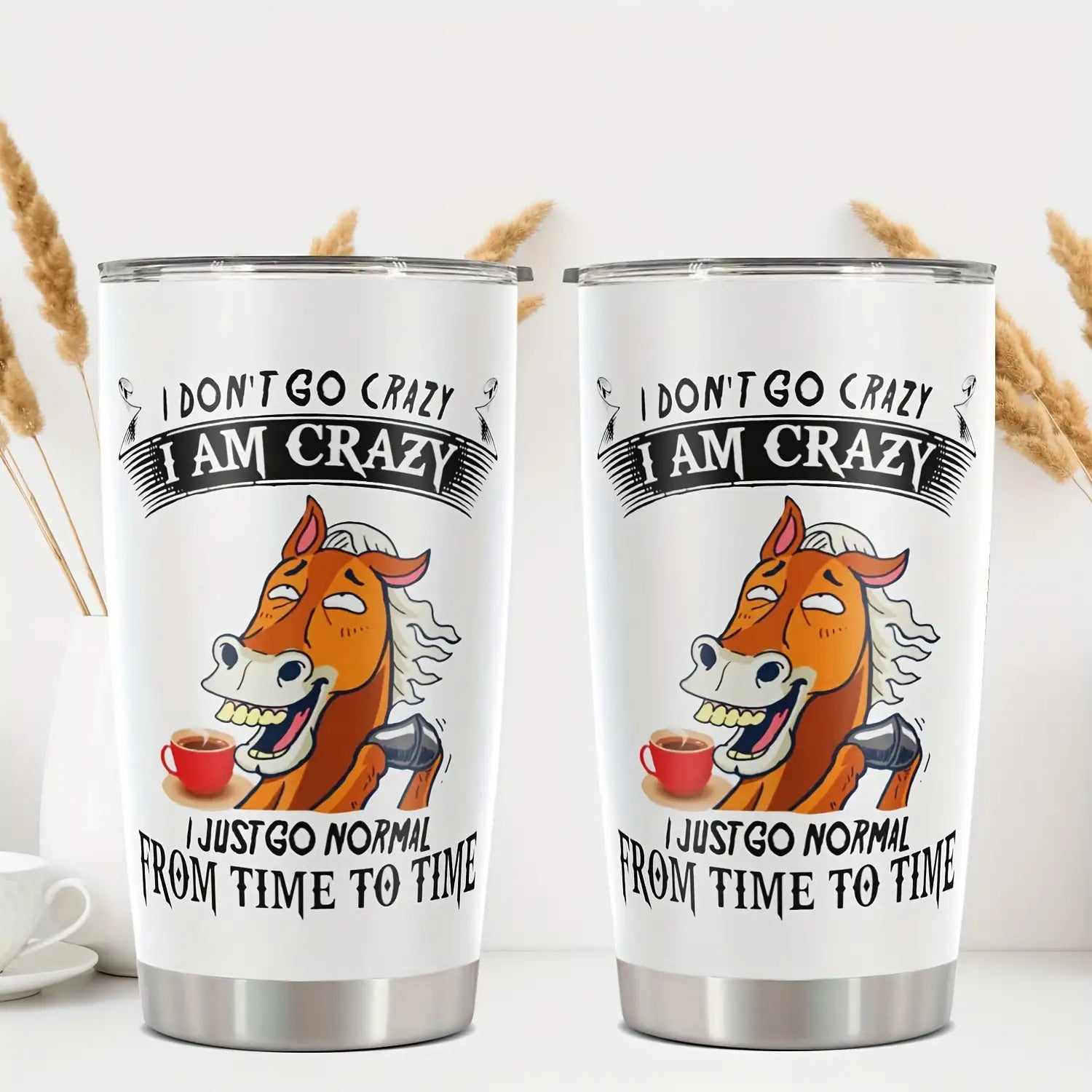 Funny "I Don't Go Crazy, I Am Crazy Horse" Tumbler with Lid - 20oz Leakproof & -Slip Stainless Steel Cup, Durable Humorous Drinkware for Office, Camping, Gifts (-Themed Design, Lid) - &