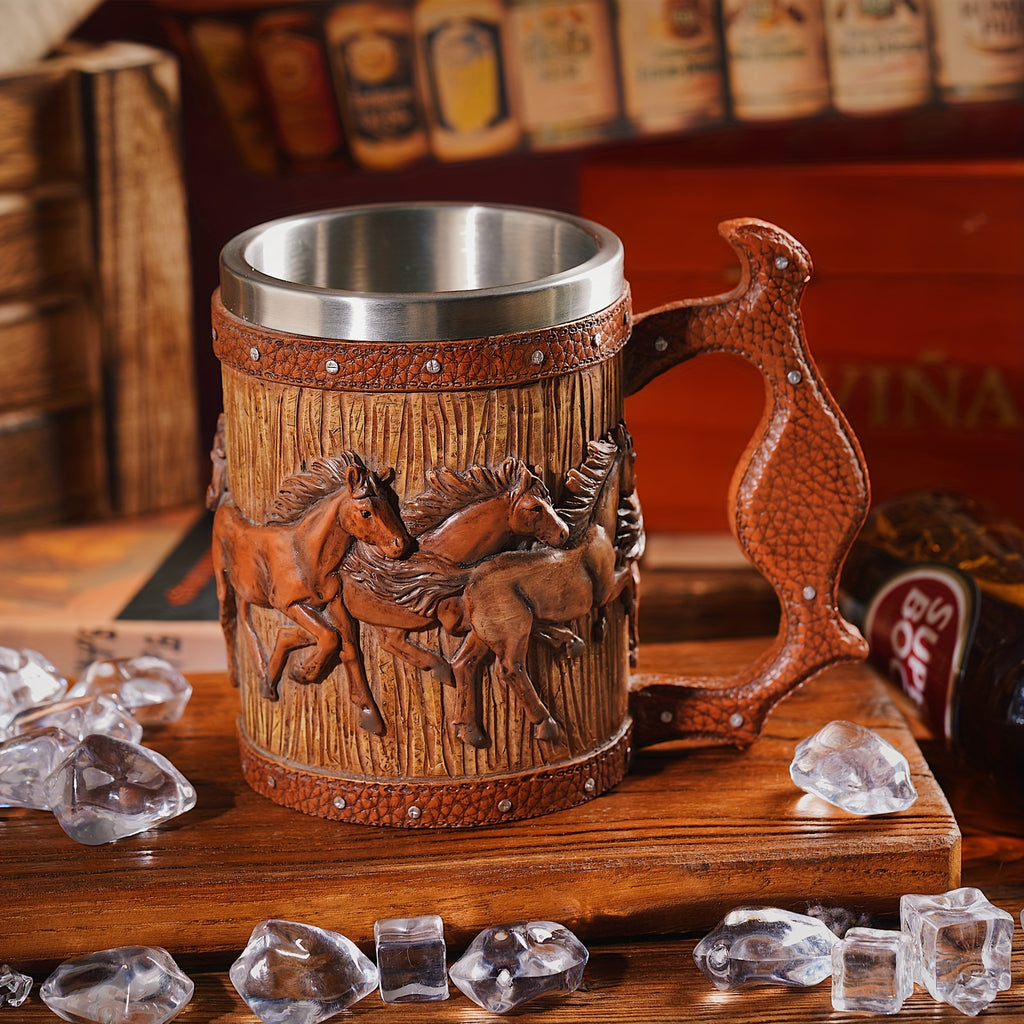 Viking Style Stainless Steel Mug with Horse Relief Design - Perfect for Christmas, Halloween, and Easter Celebrations