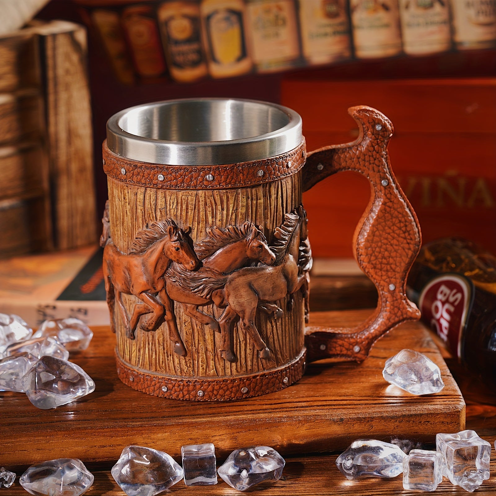 Viking Style Stainless Steel Mug with Horse Relief Design - Perfect for Christmas, Halloween, and Easter Celebrations