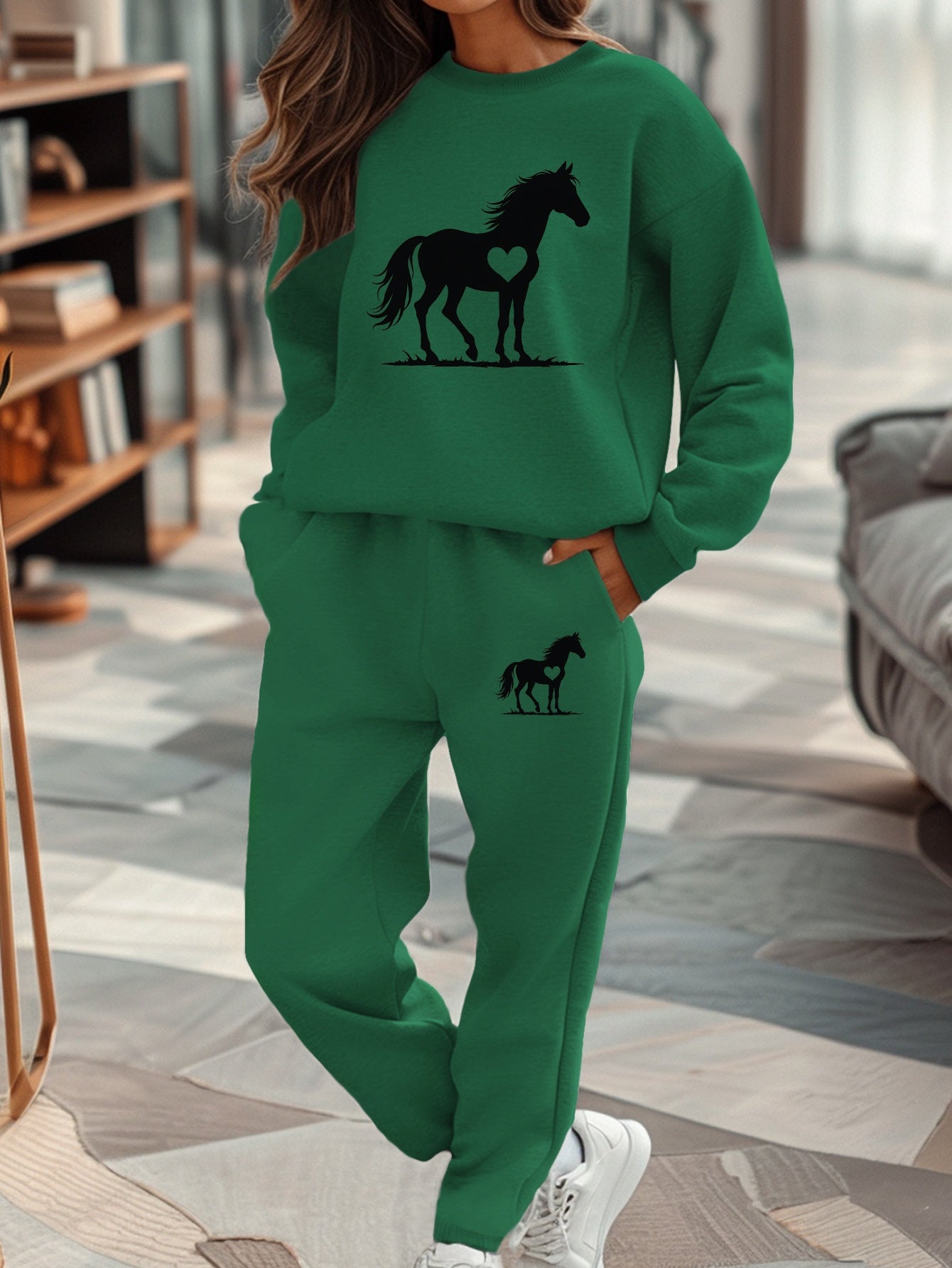 Women'S Casual Fall/Winter Horse Silhouette Sweatshirt and Sweatpants Set - Gray with Black Horse Design, Cozy Sweatpants for Relaxation, Comfortable Clothing | Stylish Horse Print | Cozy Sweatpants