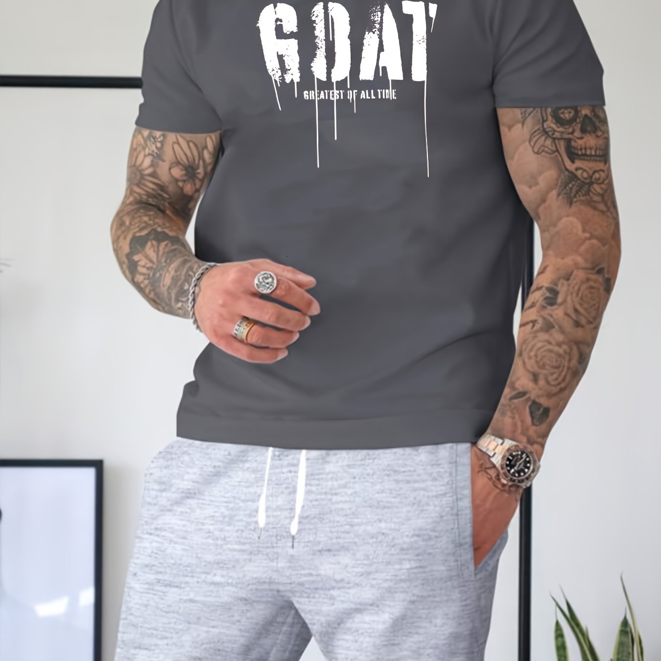 Mens Stylish Goat Print 2pcs Set - Casual Sportswear Outfit with Drawstring Shorts & Short Sleeve Top - Perfect for Spring Summer, Holidays, Leisure, Vacation, and Outdoor Fitness
