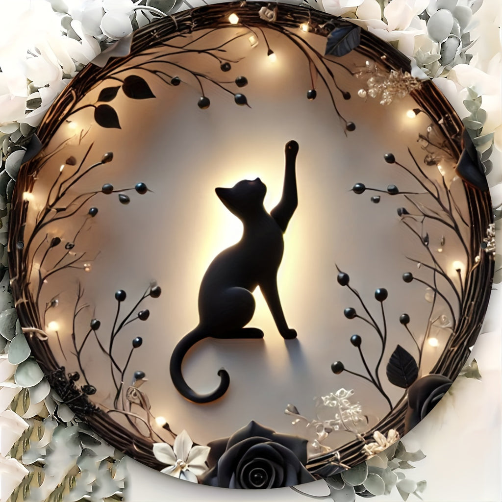 Halloween Black Cat Silhouette Metal Wreath Sign - Aluminum Engraving Wall Decor with Floral Accents for Home, Cafe, Gym, Restroom - Festive Indoor Holiday Art Piece