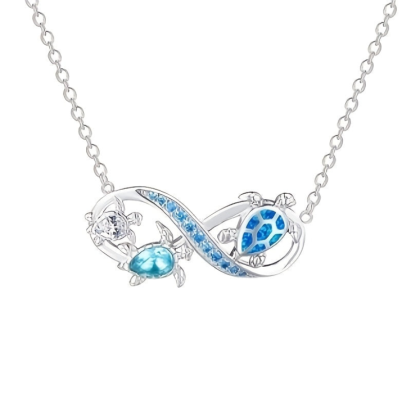 Ocean Style Blue Opal Three Turtles Infinity Symbol Pendant Necklace Valentine's Day Party Holiday Gift