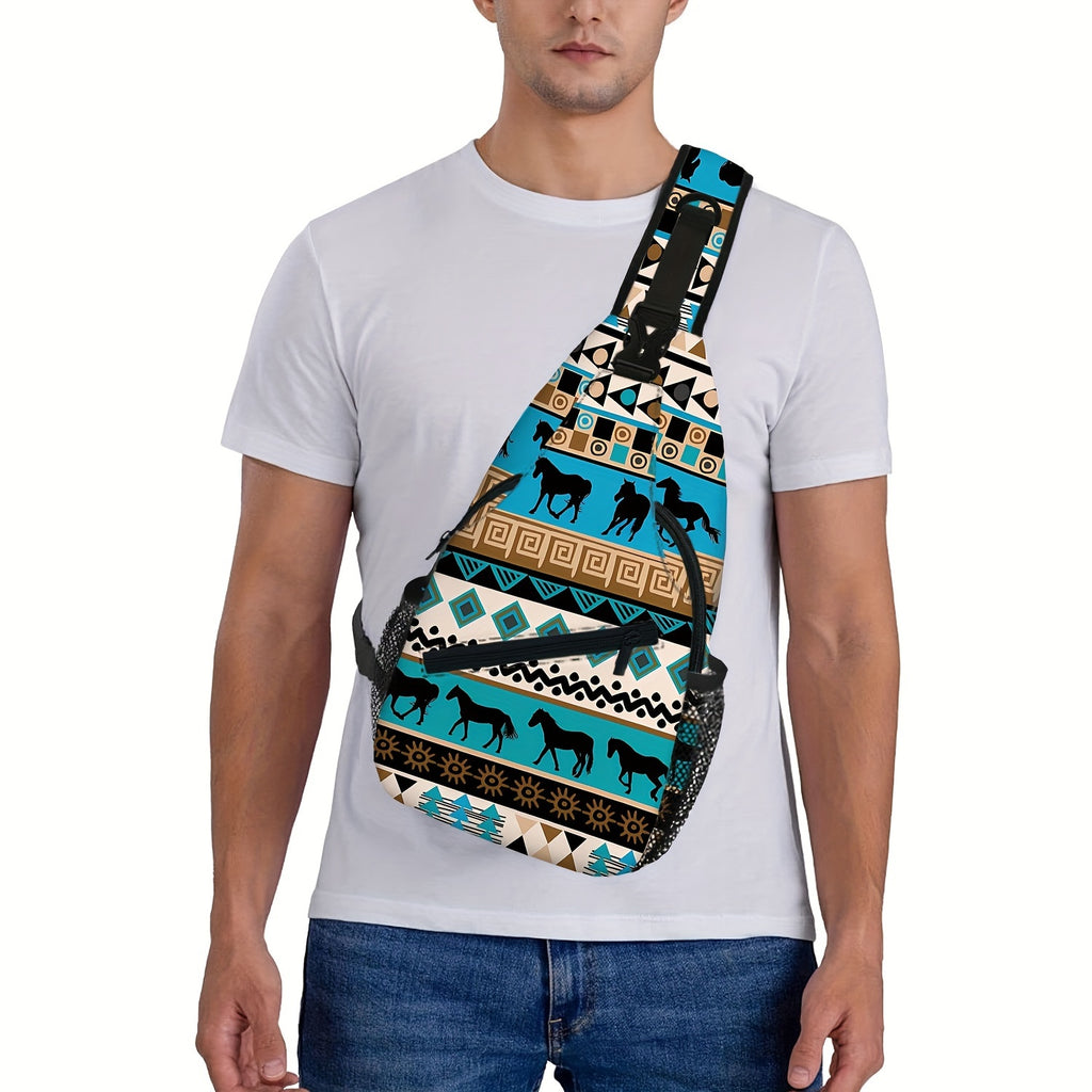 Totem Style Horse Pattern Print Casual Sling Bag, Men's And Women's Crossbody Bag For Travel & Daily Commute