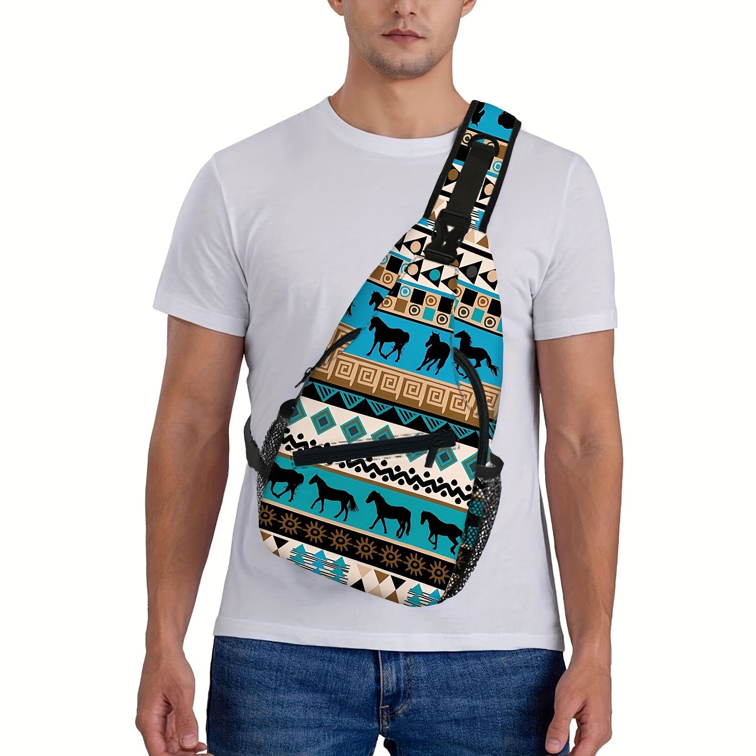 Totem Style Horse Pattern Print Casual Sling Bag, Men's And Women's Crossbody Bag For Travel & Daily Commute