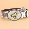 Fashionable Womens Oval Horse Buckle Belt - Embossed White Leather - Perfect for Jeans - Trendy Style for Girls and Women