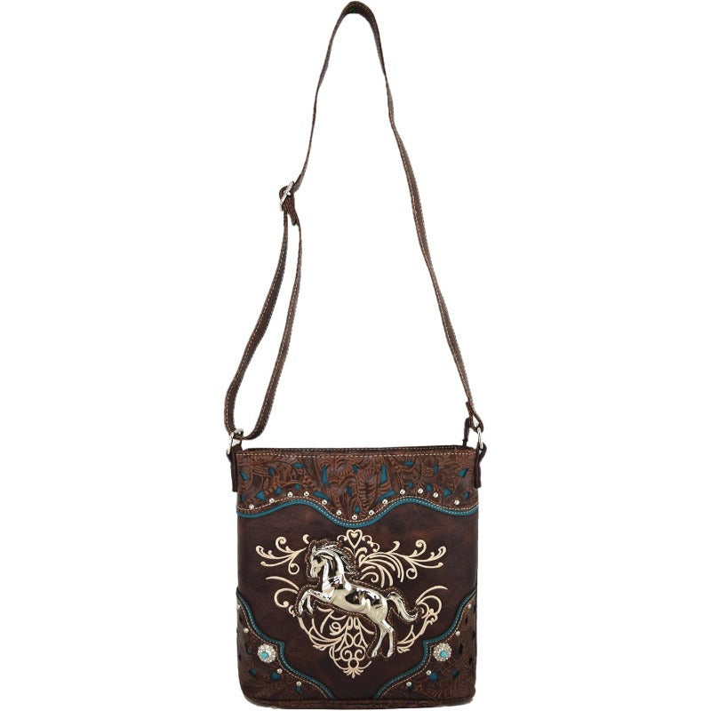 Western Horse Embroidery Faux Leather Crossbody Bag, Cowgirl Style Shoulder Handbag, with Floral Design and Rhinestone Accents, Polyester Lined, with Zipper Closure for Women