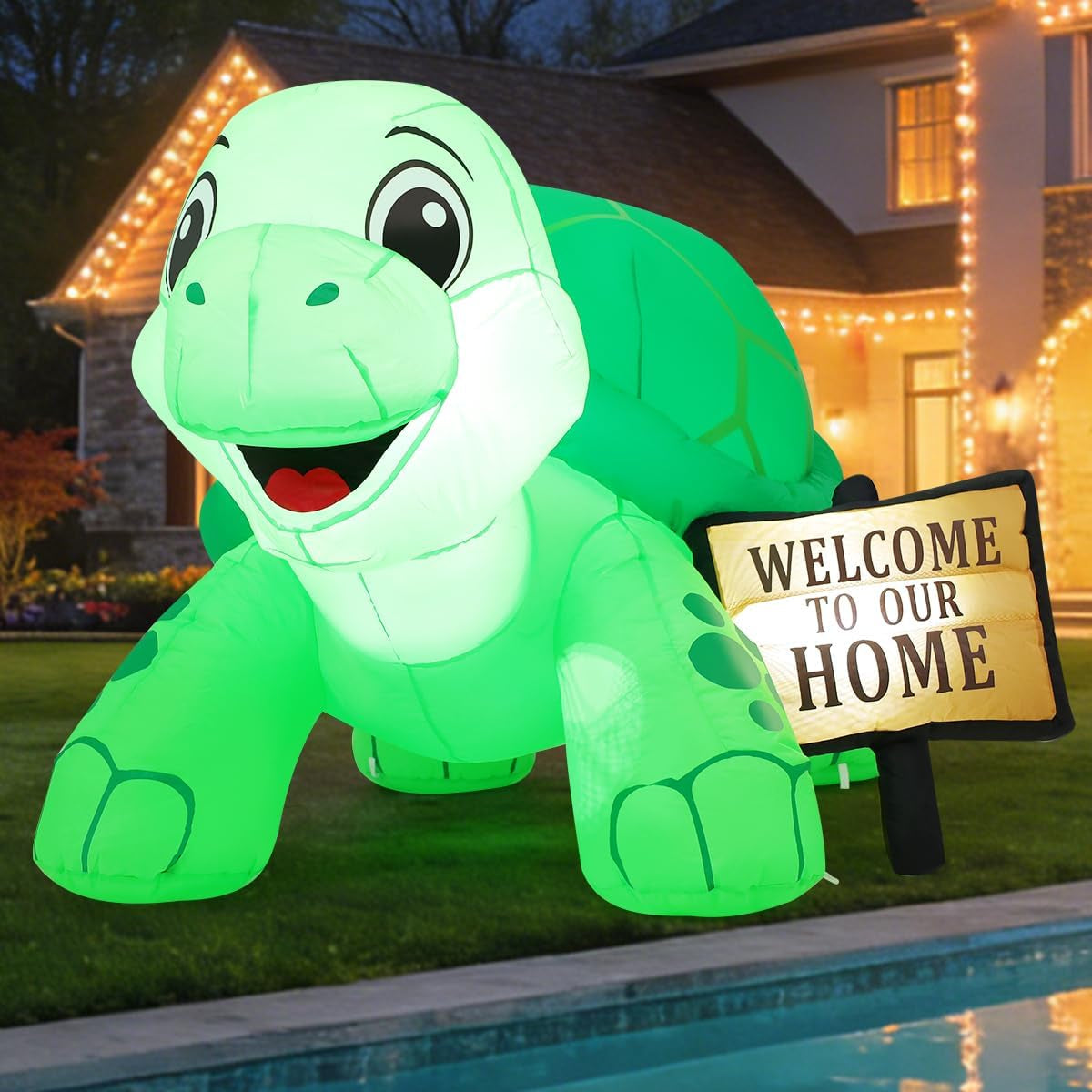 5 FT Inflatable Tortoise Outdoor Decoration with Welcome Sign and Built-in LEDs for Garden and Lawn Parties