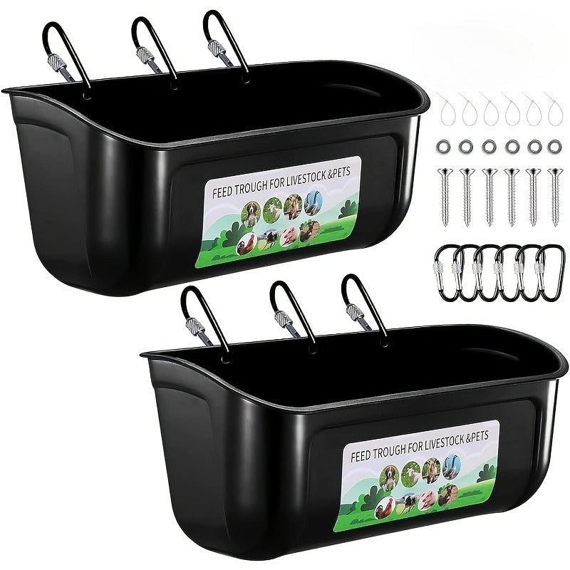 Set Of 1/2 Goat Feeders, Duck And Chicken Feeders And Drinkers, Hanging Fence Trough with Clips, Suitable for Goats, Sheep, Piglets, Geese, Turkeys, Dogs, And Poultry, Comes with A Feed Spoon, Black
