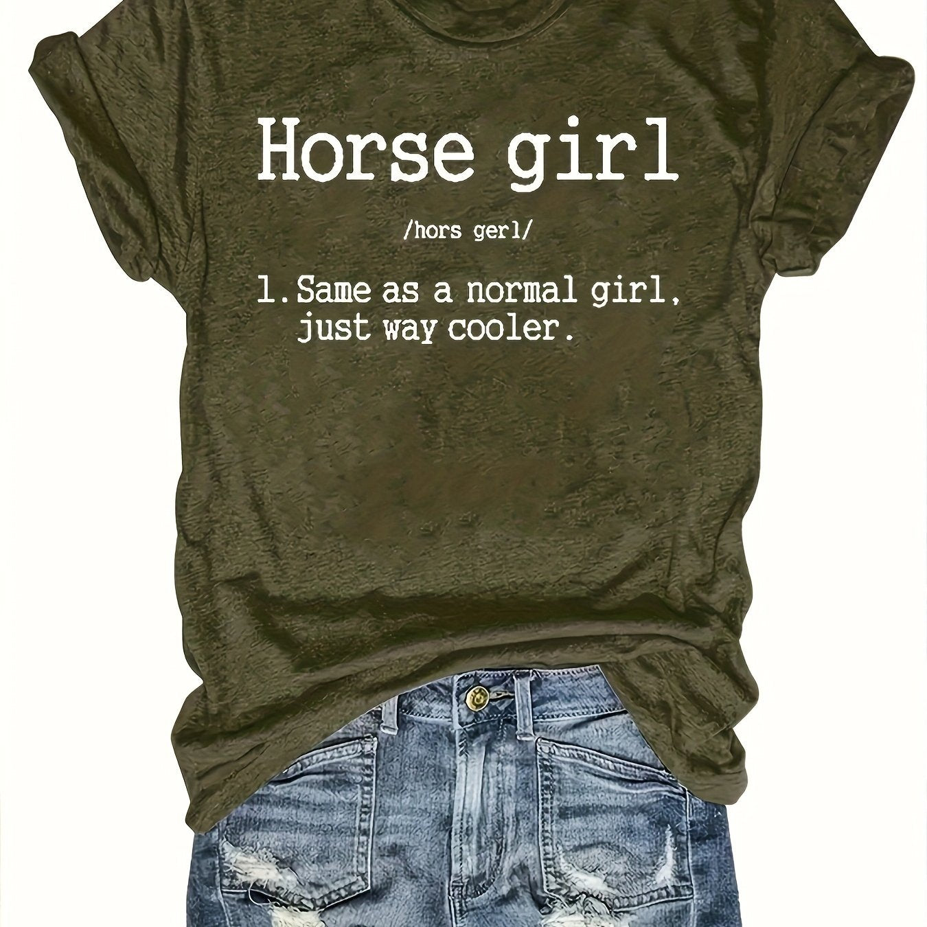 Vibrant Horse Girl Letter Print T-Shirt - Soft Short Sleeve Crew Neck Casual Top for Summer - Comfortable Women's Clothing for Horse Lovers