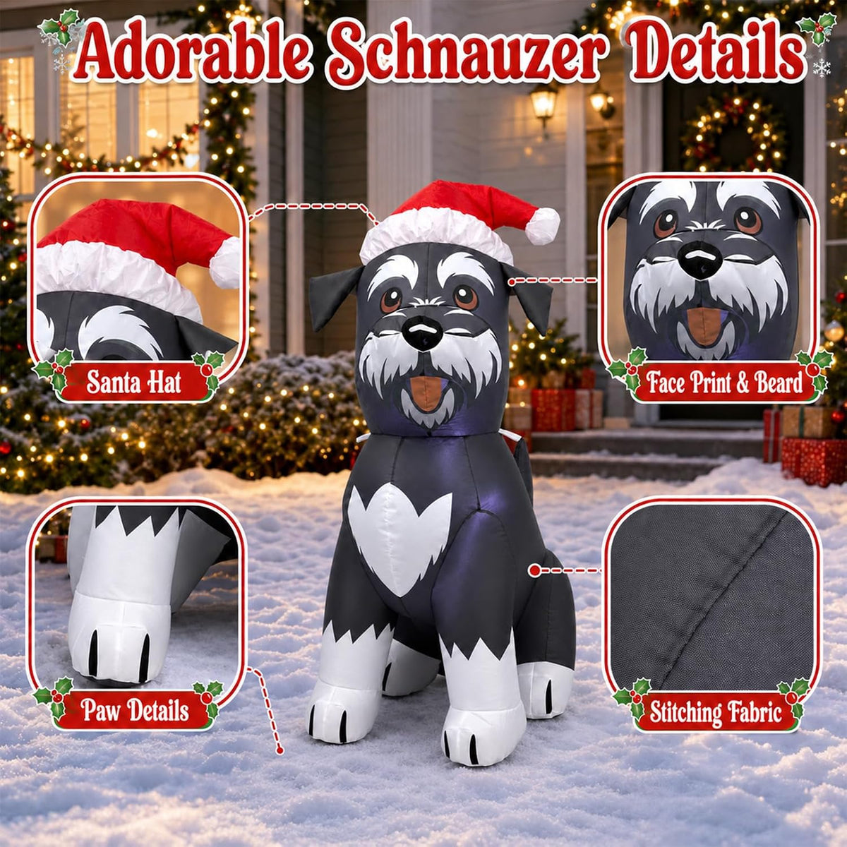 4-Foot Inflatable Schnauzer Dog Christmas Decoration with LED Lighting for Outdoor Use