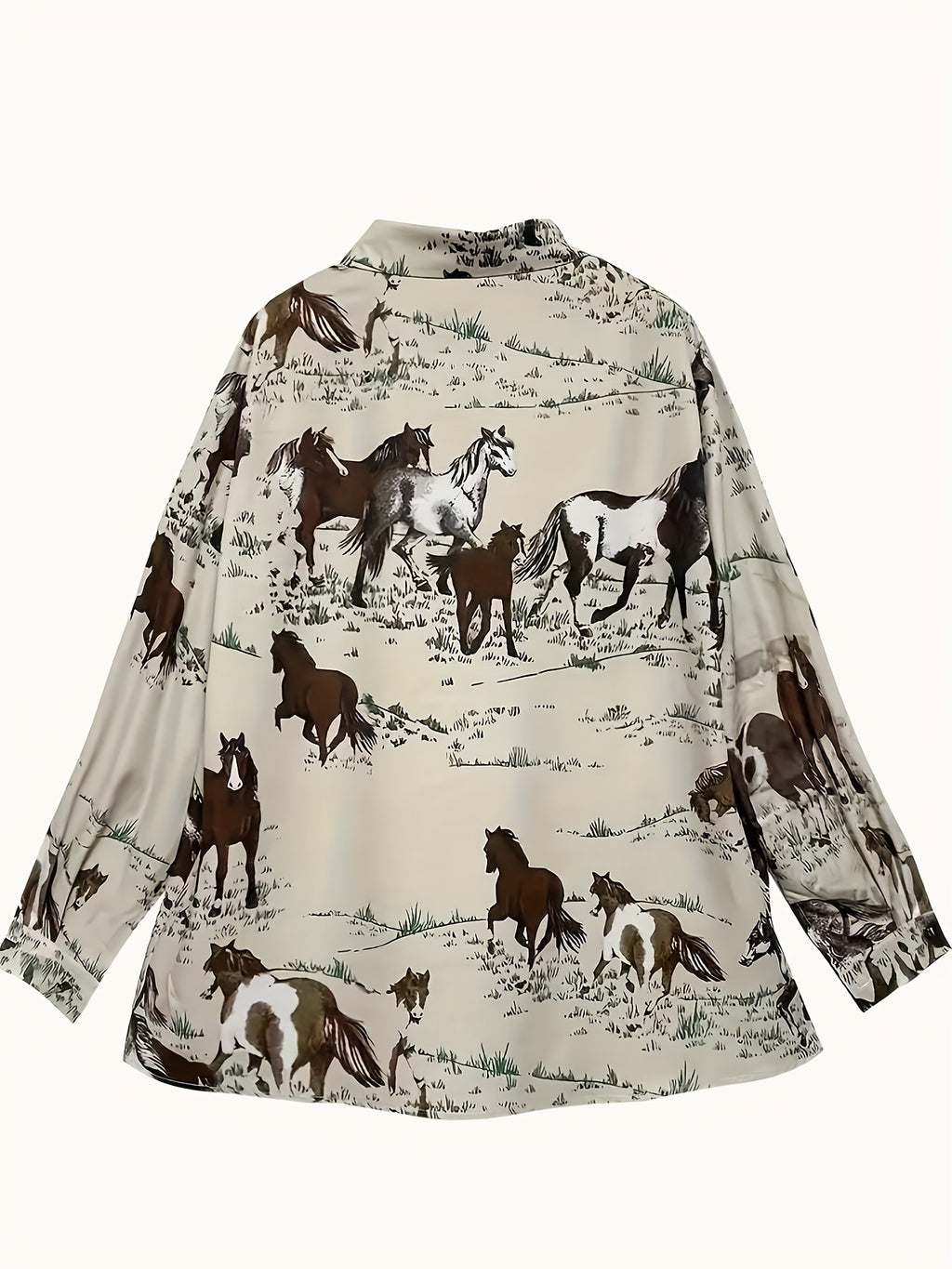 Vibrant Horse Print Long Sleeve Lapel Collar Shirt for Women - Button Front, Casual Polyester Shirt with Random Animal Pattern - Perfect for All Seasons