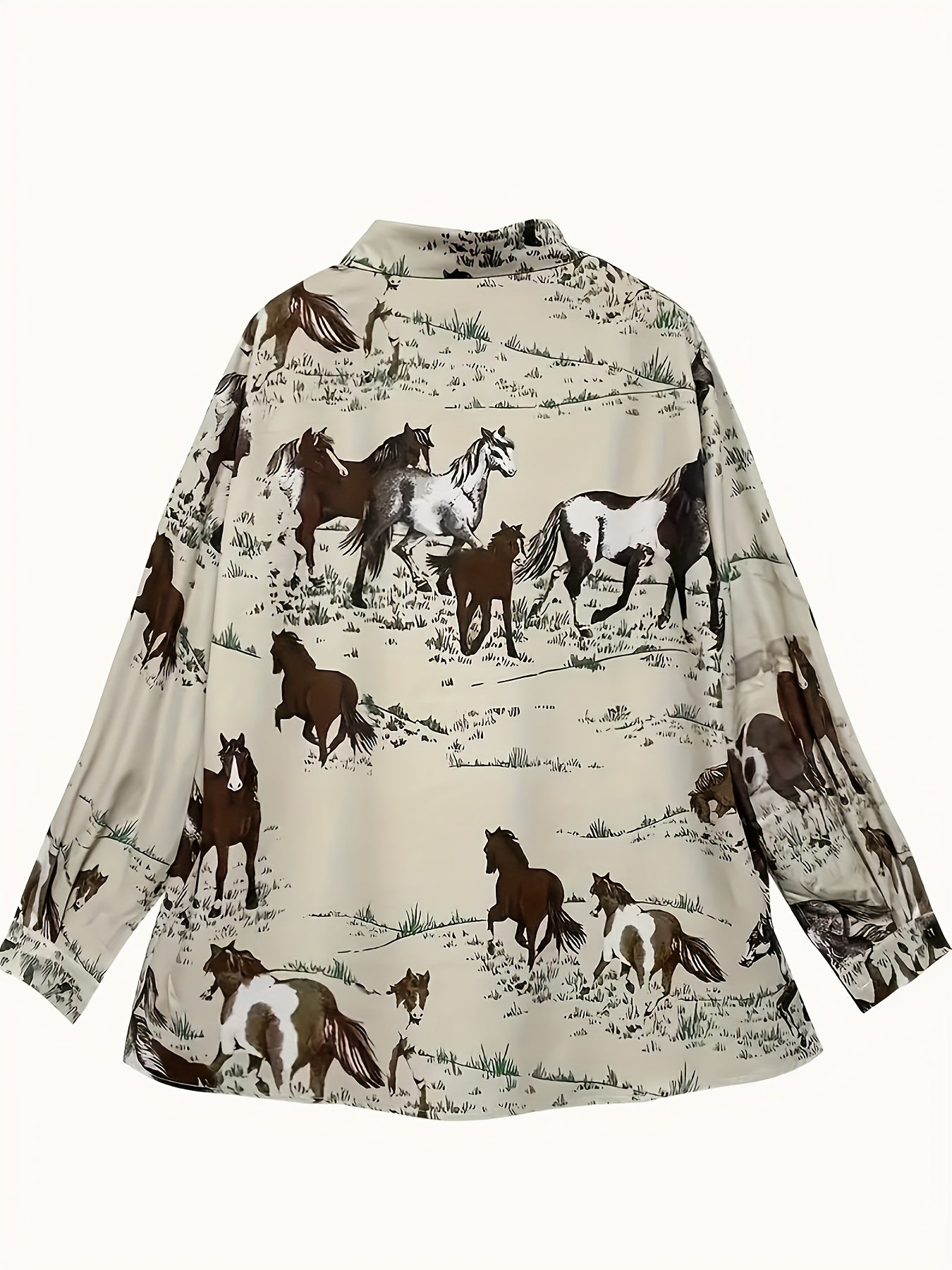 Vibrant Horse Print Long Sleeve Lapel Collar Shirt for Women - Button Front, Casual Polyester Shirt with Random Animal Pattern - Perfect for All Seasons