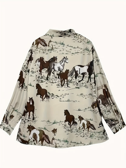Vibrant Horse Print Long Sleeve Lapel Collar Shirt for Women